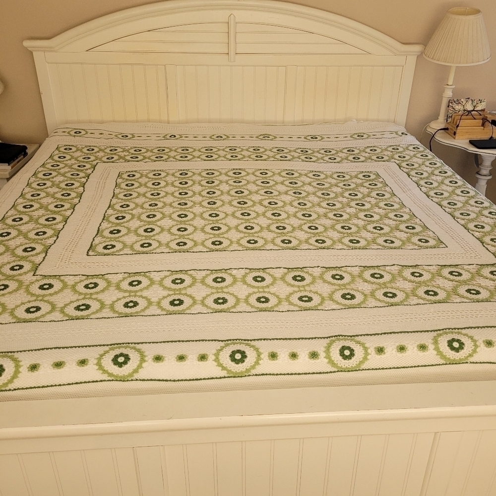Vintage Green and White Crocheted King Size Coverlet